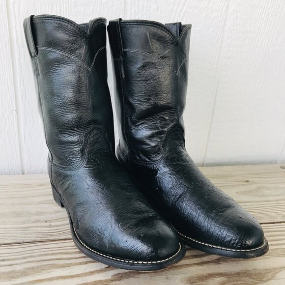 Larry Mahan Smooth Ostrich Mens Black Leather Roper Cowboy Boot 9 XE LM30478 USA